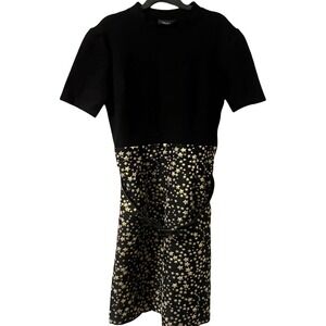 ModCloth Womens Black Gold Star Jacquard Belted‎ Mock Neck Dress Size Small